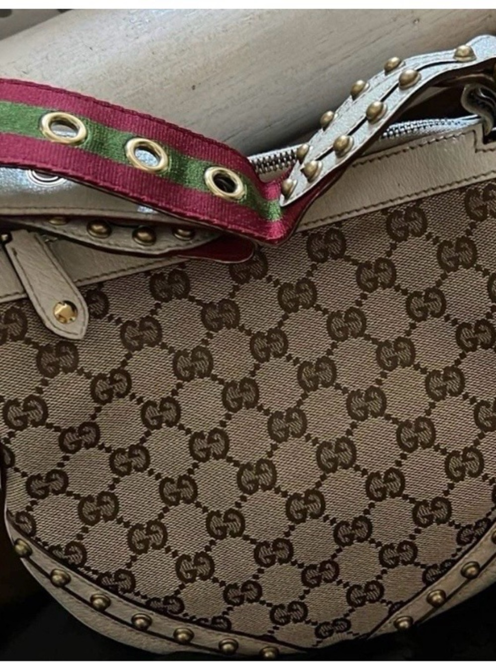 Gucci Beige GG Canvas Saddle Bag with Red and Green Strap